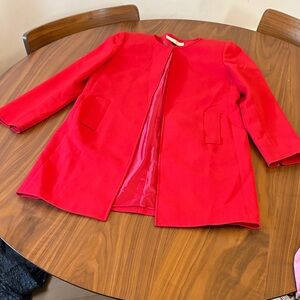 Classic Red Collarless Pea Coat for Women - Sleek Tailored Style